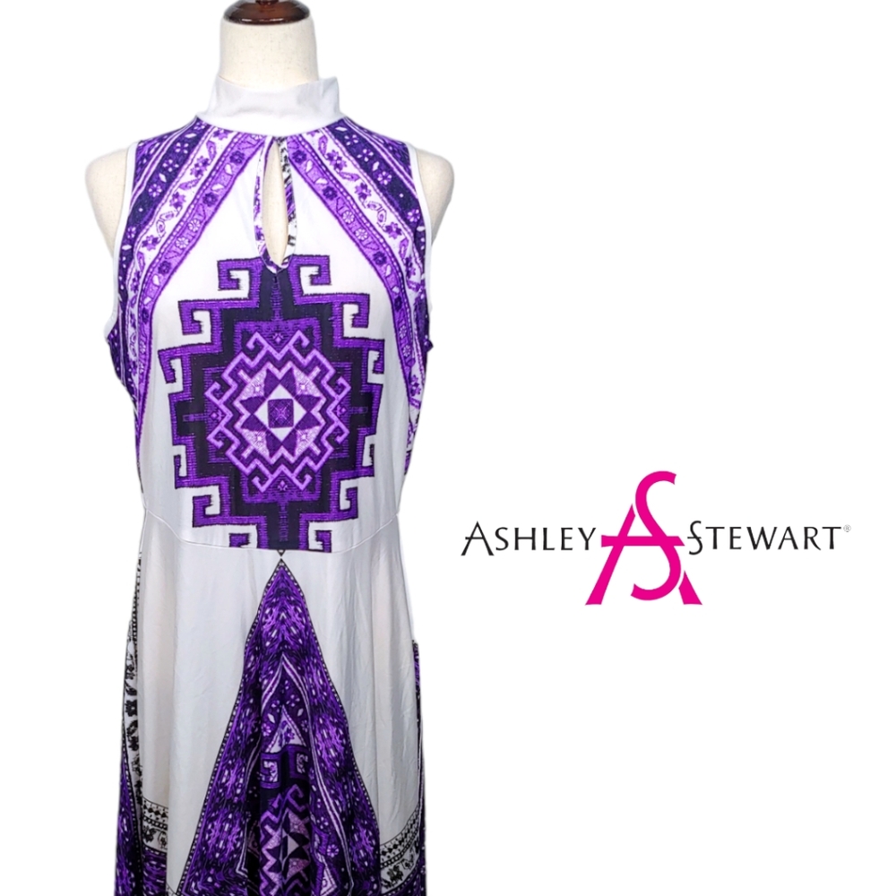 Ashley Stewart Mock Neck Keyhole Multi Print Mosaic Sleeveless Midi Dres… - Picture 9 of 14